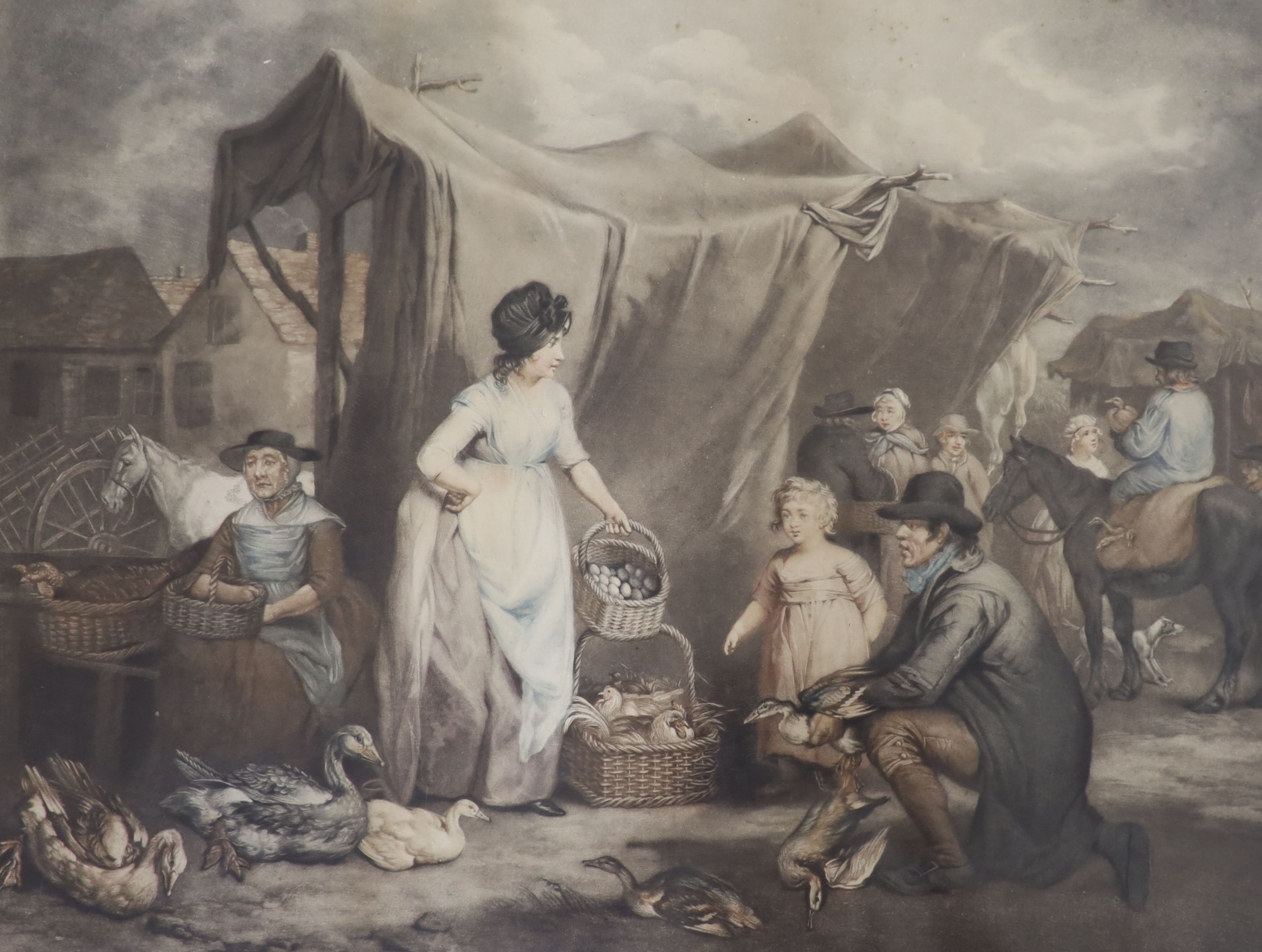 After James Ward and Francis Wheatley, two coloured mezzotints, Poultry Market and Preparing for Market, 44 x 55cm